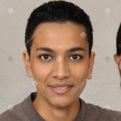 Joyful latino young-adult male with short  brown hair and brown eyes