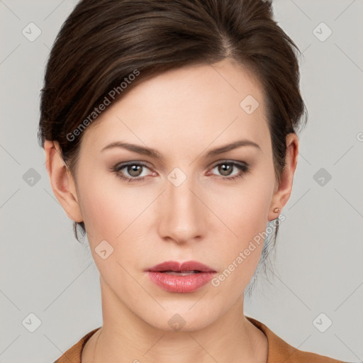 Neutral white young-adult female with medium  brown hair and grey eyes