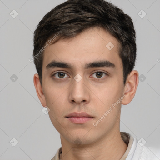 Neutral white young-adult male with short  brown hair and brown eyes