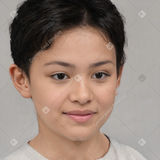 Joyful white child female with short  brown hair and brown eyes