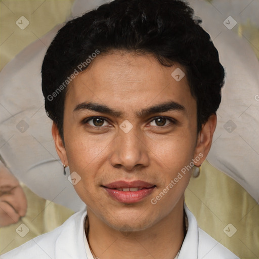 Joyful white young-adult male with short  black hair and brown eyes