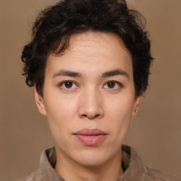 Joyful white young-adult male with medium  brown hair and brown eyes