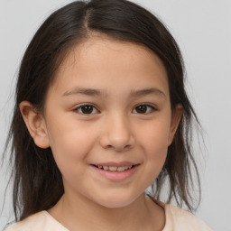 Joyful white child female with medium  brown hair and brown eyes