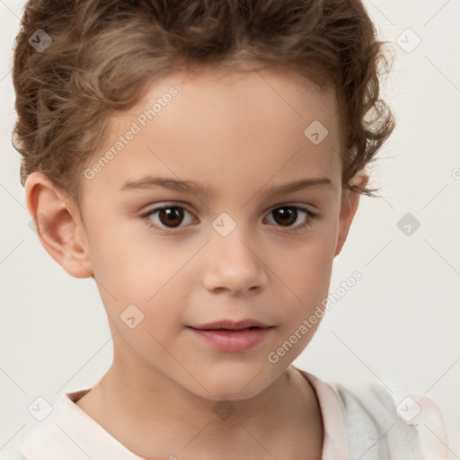 Joyful white child female with short  brown hair and brown eyes