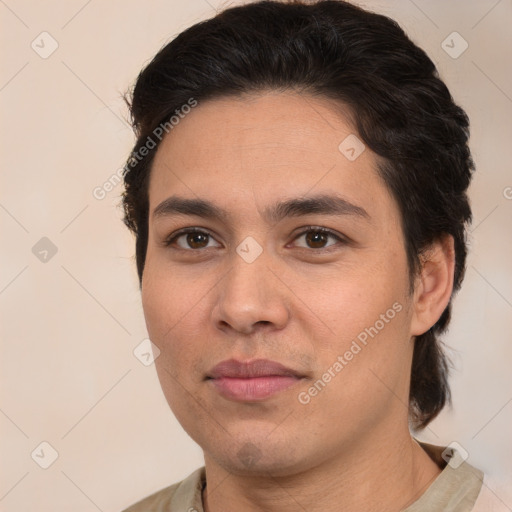 Joyful white young-adult male with medium  brown hair and brown eyes