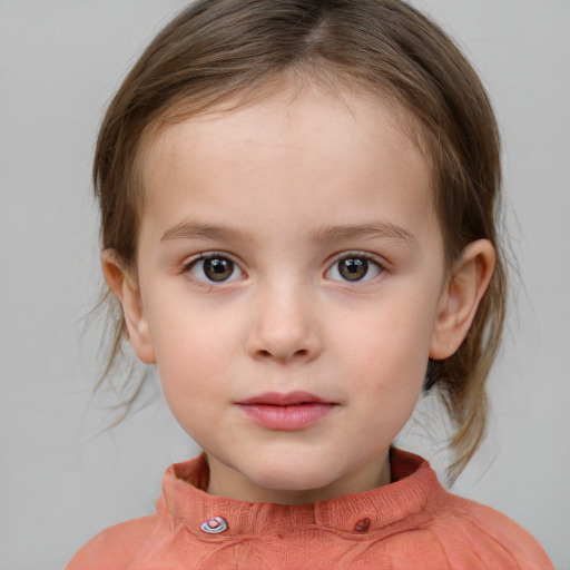 Neutral white child female with medium  brown hair and grey eyes