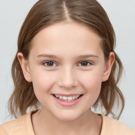 Joyful white child female with medium  brown hair and brown eyes