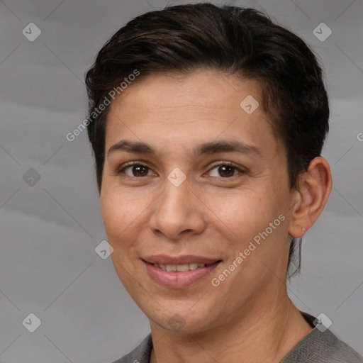 Joyful white adult female with short  brown hair and brown eyes