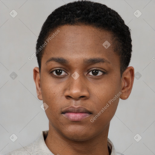 Neutral black young-adult male with short  black hair and brown eyes