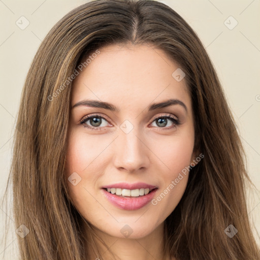 Joyful white young-adult female with long  brown hair and green eyes