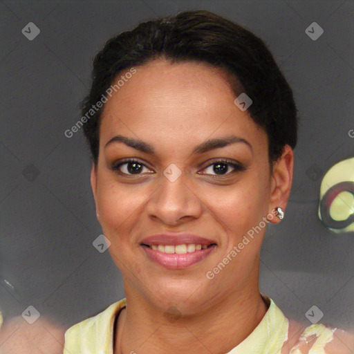 Joyful white young-adult female with short  brown hair and brown eyes