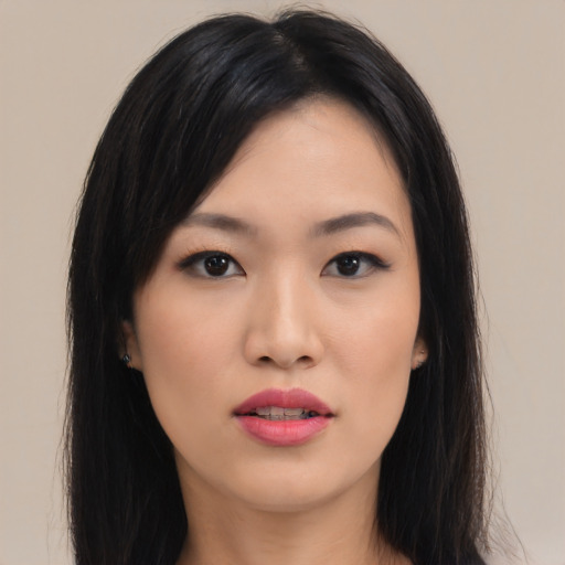 Neutral asian young-adult female with long  black hair and brown eyes