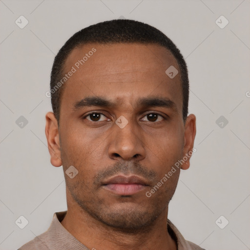 Neutral latino young-adult male with short  black hair and brown eyes
