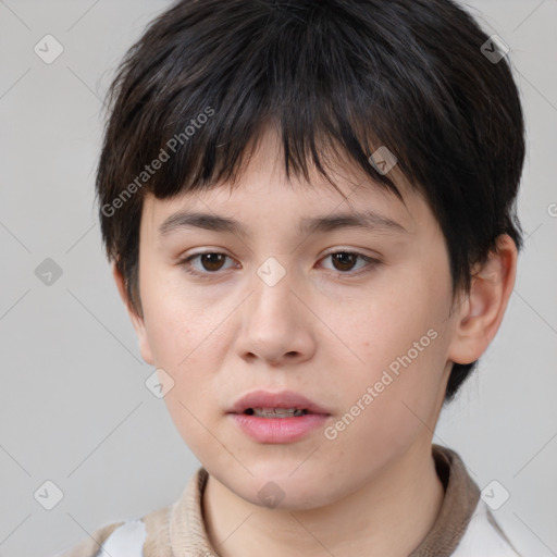 Neutral white young-adult female with medium  brown hair and brown eyes