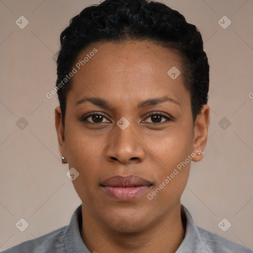 Joyful black young-adult female with short  black hair and brown eyes