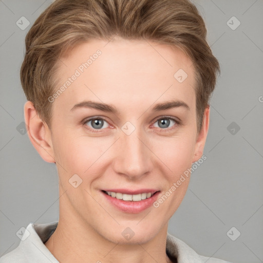 Joyful white young-adult female with short  brown hair and grey eyes