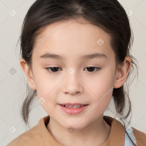 Joyful white child female with medium  brown hair and brown eyes