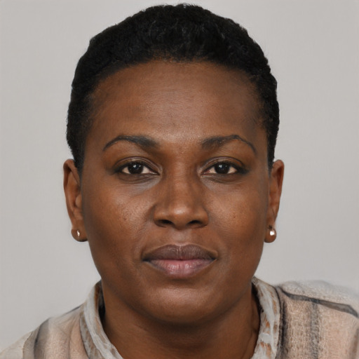 Neutral black young-adult female with short  black hair and brown eyes