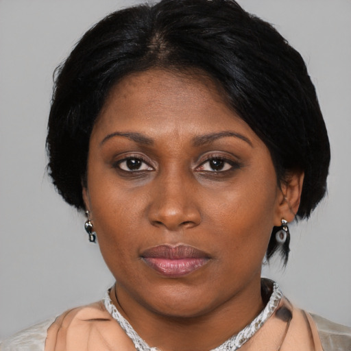 Joyful asian adult female with medium  black hair and brown eyes
