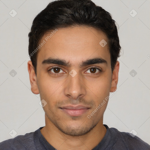 Neutral latino young-adult male with short  black hair and brown eyes