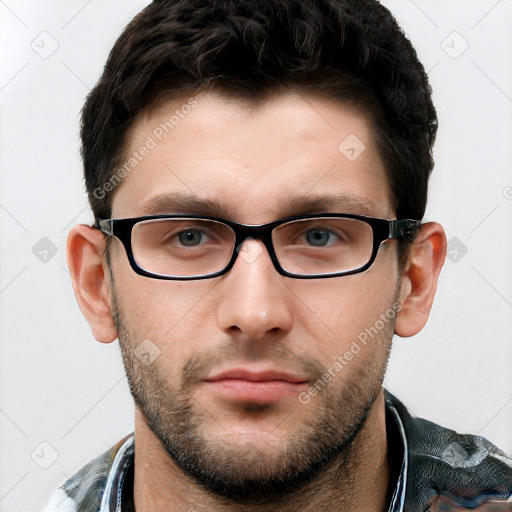 Neutral white young-adult male with short  brown hair and grey eyes