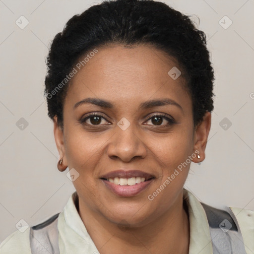 Joyful latino young-adult female with short  black hair and brown eyes
