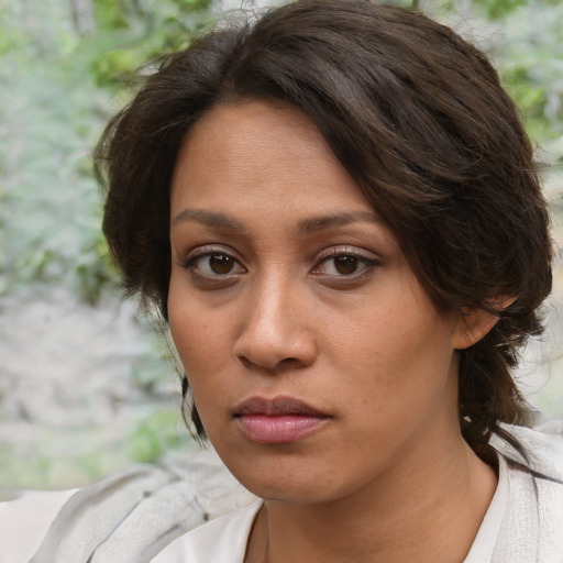Neutral white young-adult female with medium  brown hair and brown eyes