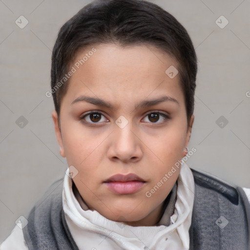 Neutral white young-adult female with short  brown hair and brown eyes