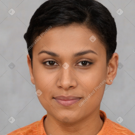 Joyful latino young-adult female with short  brown hair and brown eyes