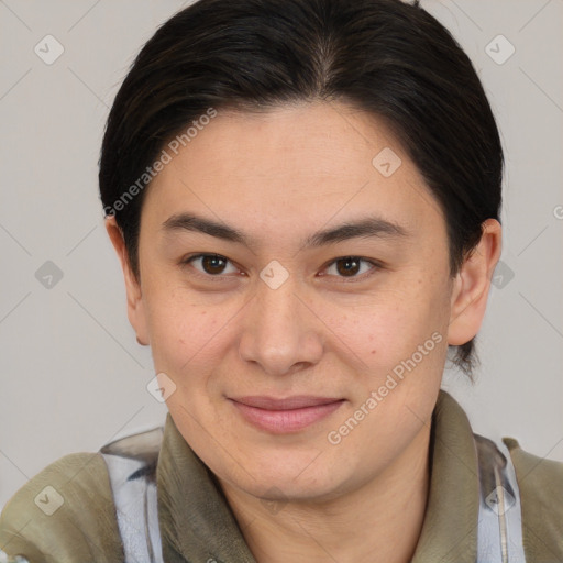 Joyful white young-adult female with medium  brown hair and brown eyes