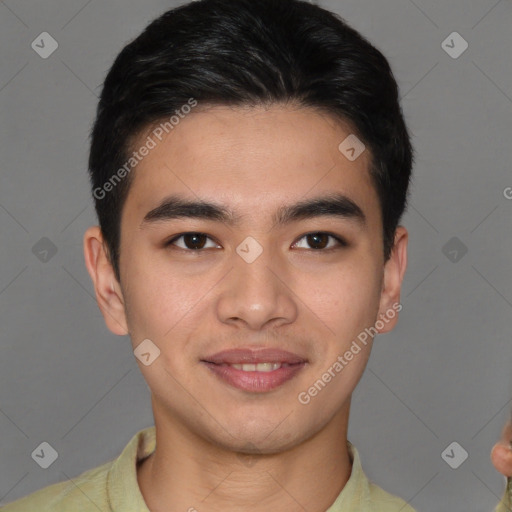 Joyful white young-adult male with short  brown hair and brown eyes