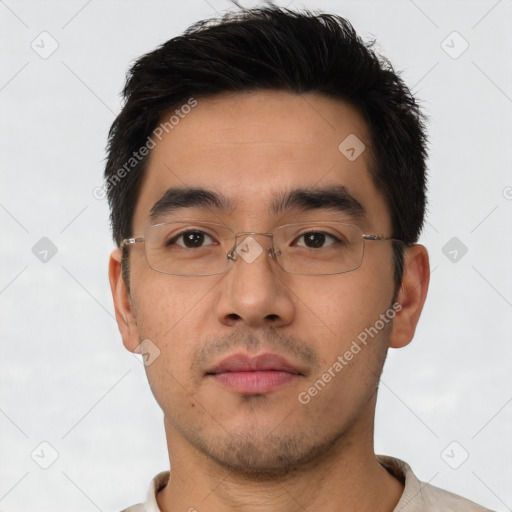 Neutral asian young-adult male with short  brown hair and brown eyes