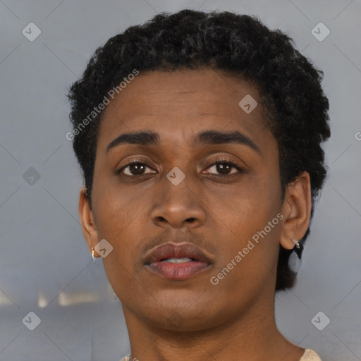 Neutral black young-adult male with short  brown hair and brown eyes