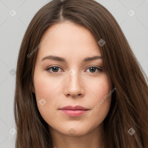 Neutral white young-adult female with long  brown hair and brown eyes