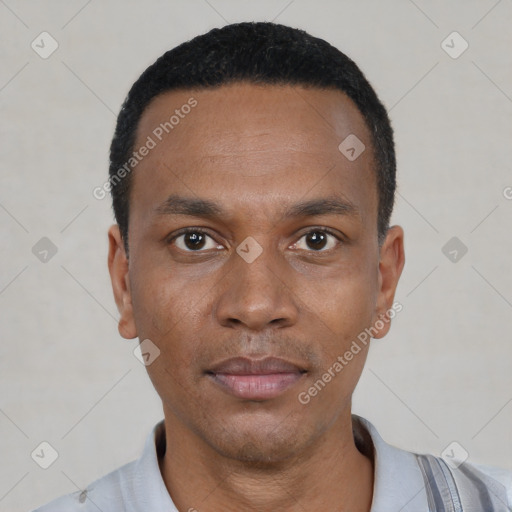 Neutral black young-adult male with short  black hair and brown eyes