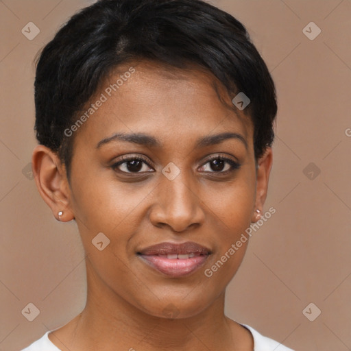 Joyful black young-adult female with short  brown hair and brown eyes