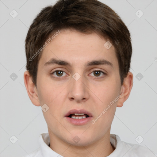 Neutral white young-adult male with short  brown hair and brown eyes