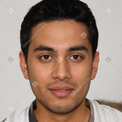 Neutral latino young-adult male with short  black hair and brown eyes