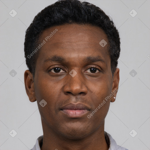 Neutral black young-adult male with short  black hair and brown eyes