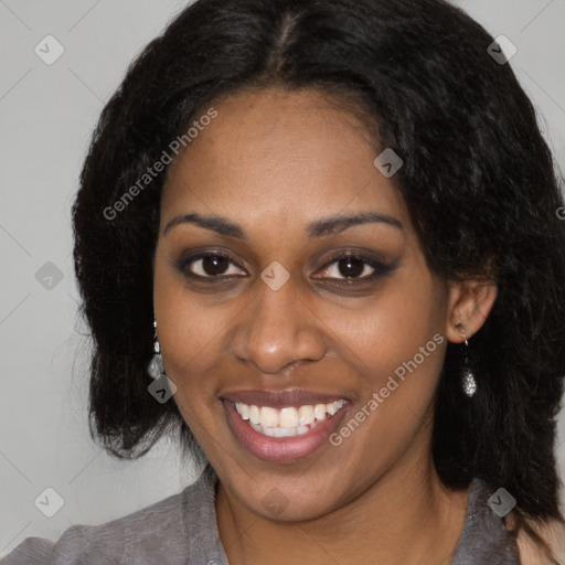 Joyful latino young-adult female with long  brown hair and brown eyes