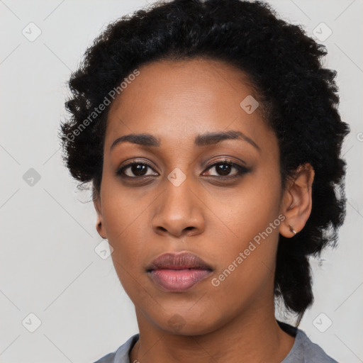 Neutral black young-adult female with short  black hair and brown eyes