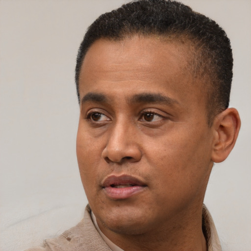 Neutral black young-adult male with short  brown hair and brown eyes