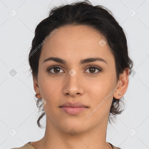 Neutral latino young-adult female with medium  brown hair and brown eyes