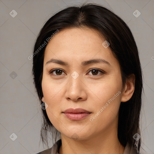 Joyful white young-adult female with medium  brown hair and brown eyes