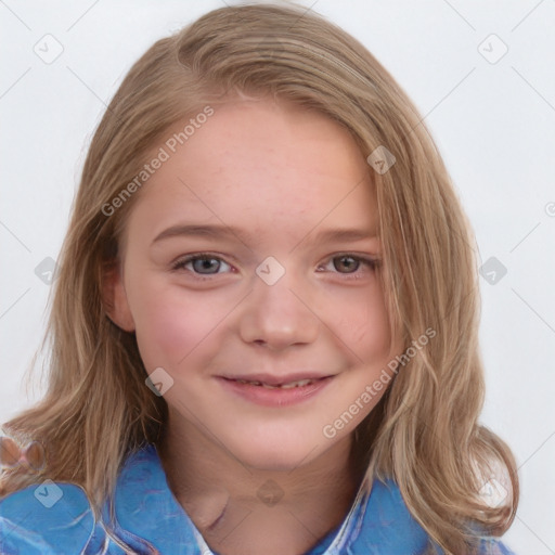 Joyful white child female with medium  brown hair and blue eyes