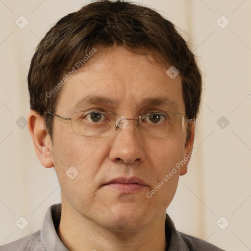 Neutral white adult male with short  brown hair and brown eyes