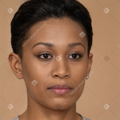 Joyful black young-adult female with short  brown hair and brown eyes