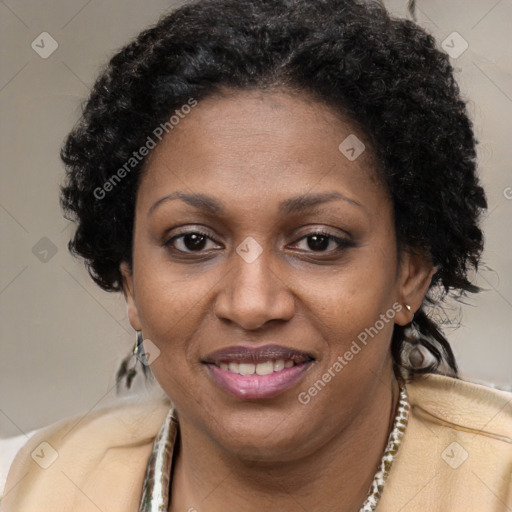 Joyful latino adult female with long  brown hair and brown eyes