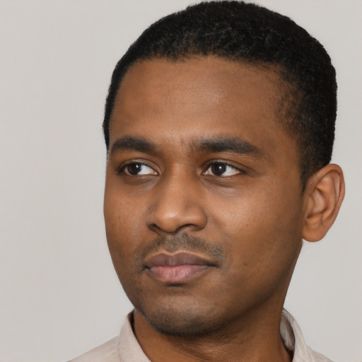 Neutral black young-adult male with short  black hair and brown eyes