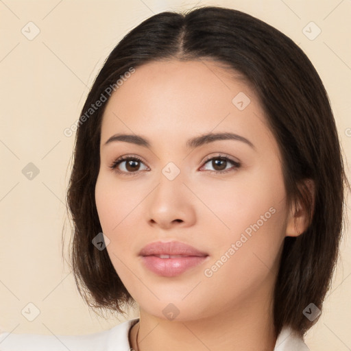 Neutral white young-adult female with medium  brown hair and brown eyes